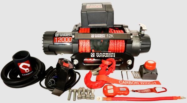  CARBON 12K VER.2 12000LB ELECTRIC WINCH WITH RED SYNTHETIC ROPE AND HOOK